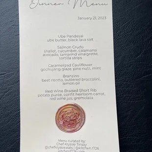 The menu Kryssie brought for our dinner - so pretty and personalized with her custom stamp.