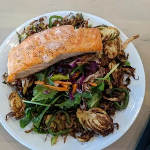 The brussel sprouts salad with salmon was AMAZING.  The salmon was so crispy and also tender.