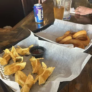 Onion rings and Daddy Bob's wontons
