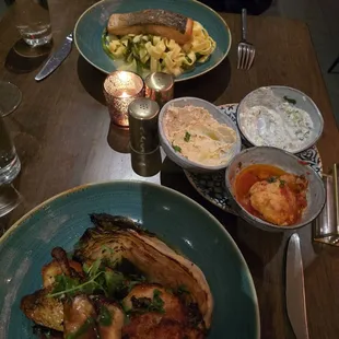 Chicken and salmon dishes.