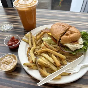 Breakfast burger and sunset stream juice