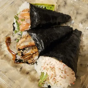 salmon, eel, california handrolls
