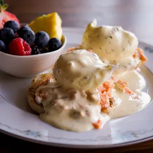 {Smoked Salmon Benedict}
Dill caper cream cheese on toasted english muffins, house smoked salmon, two poached eggs &amp; dill caper hollandaise