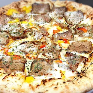 House brisket Philly cheese style pizza