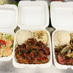 Late night grind take out! Shrimp fried rice, seared wings, 1 lb garlic ribeye with mushrooms and onion!