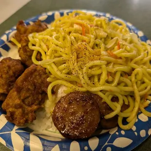 Shock &amp; Awe breakfast (meat, eggs, rice) plus mochiko chicken &amp; fried noodles