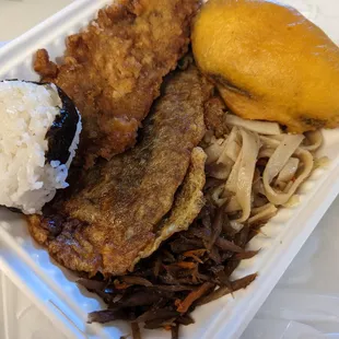 Going clockwise from the plain nori musubi:  teri chicken, sweet potato (okinawan) tempura, chow funn, gobo with the eggplant omelet.