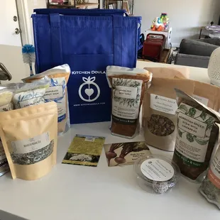 a variety of food items on a counter