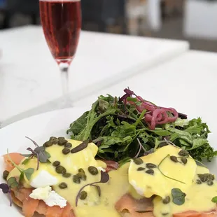 Lox Benedict with their new pomegranate mimosa!