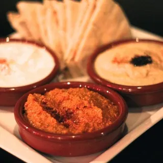 Hummus, haydari & muhammara with pita bread