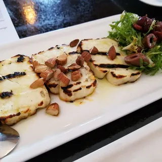 grilled halloumi cheese with red mustard, almonds, olive & tart cherries