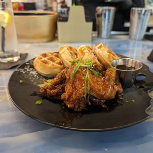 Asian Henny chicken and waffles, a must try.