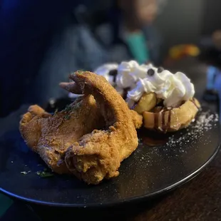 Chocolate chip waffles and chicken