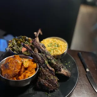 Blackended Caribbean Jerk Lamb Chops, yams, greens, and Mac &amp; Cheese