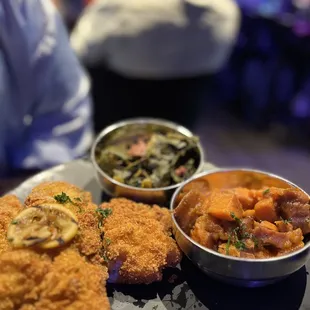 Fried Catfish with Candied Yams and Collard Greens