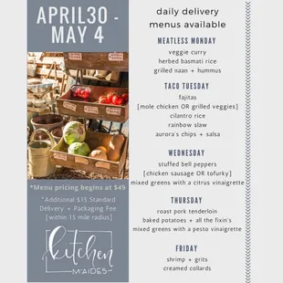 Weekly Dinner Delivery Menus sent out every week!