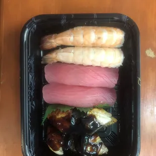Shrimp sushi, tuna sushi, eel sushi