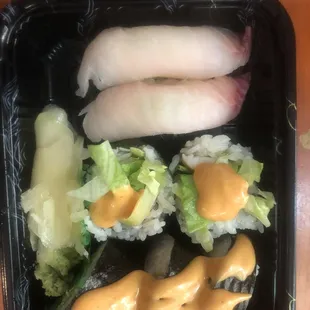 Red snapper sushi, shrimp tempura