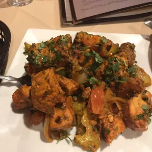 Close up of mixed grille: salmon chicken lamb