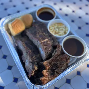 Pork Ribs, Brisket, Baked Beans, Mac and Cheese