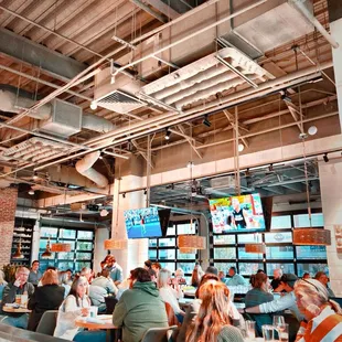 people sitting at tables in a restaurant