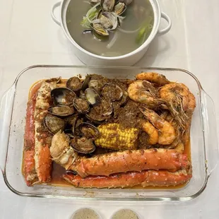 Cajun seafood boil with shrimp, clams, king crab legs, and corn