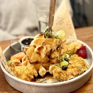 Chicken and waffles, very good.  Waffles so sweet, syrup was unnecessary.