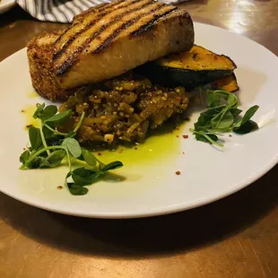 Swordfish with fried sushi rice cake, Thai eggplant.