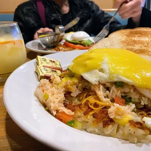 Loaded hash, add lobster- over easy eggs but you can get them any way you like