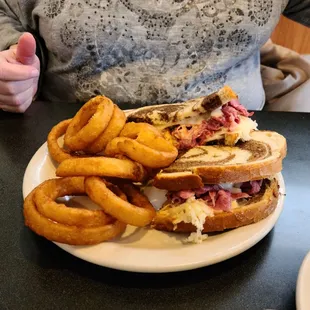 Pastrami Reubens, onion rings