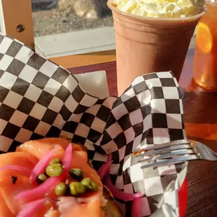 Smoked salmon toast and chocolate shake.