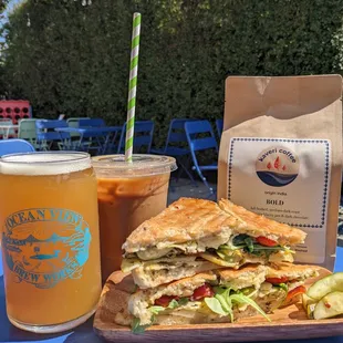 Panini, Kaveri Iced Kaapi Coffee, Ocean View Brew Works beer. 
 Enjoy your Kitchenette food in the beer garden!