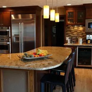 a kitchen with a center island