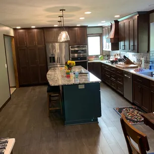 a kitchen with a center island