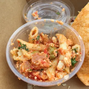 A closer look at the delicious tomato, feta pasta salad!
