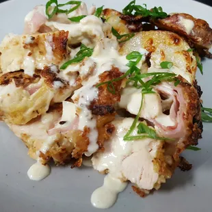 Chicken Cordon Bleu with a Dijon Cream Sauce and Pepperjack Scalloped Potatoes