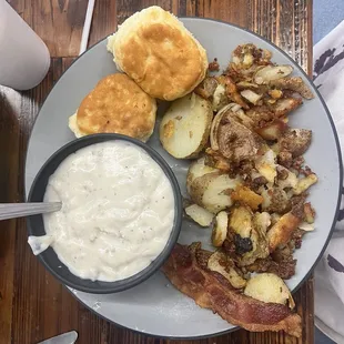 biscuits and gravy, german potatoes, bacon