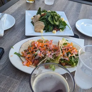 Poached pear salad, Korean fried Chicken tacos, Pumpkin Beer on tap