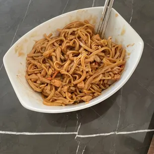 Lots of noodles but hardly any chicken.