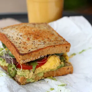 B.Y.O.BREAKY ($9) - Breakfast Sandwich w Scrambled Eggs, Lettuce, Tomato, Onion, Sprouts, Cucumber, Pickled Jalapenos, Avocado, Mustard