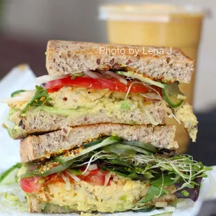 B.Y.O.BREAKY ($9) - Breakfast Sandwich w Scrambled Eggs, Lettuce, Tomato, Onion, Sprouts, Cucumber, Pickled Jalapenos, Avocado, Mustard