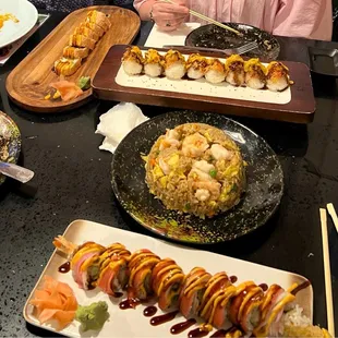 Shrimp fried rice, lobster roll and Kitsune sushi balls.