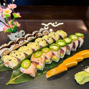 From front to back: Clearwater Roll Florida Roll Spicy Salmon Baked Roll