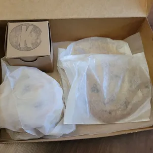 Great packaging - mini buckeye cupcake traveled in style in its own box. Cinnamon roll, chocolate chip cookie, and snickerdoodle.