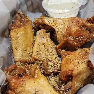 Happy Hour Wings well done in the Garlic Pepper Dry Rub.