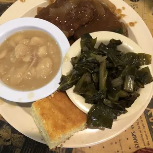 9.4.23 hamburger steak, butter beans, collard greens &amp; corn bread.