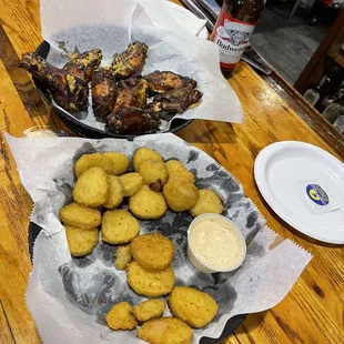 Fried Pickle Chips.. Wings in cajun ranch, well done kitty&apos;s