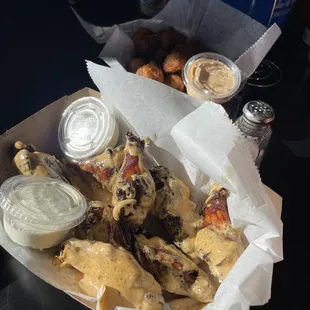 Cajun Smoked wings &amp; fried mushrooms.