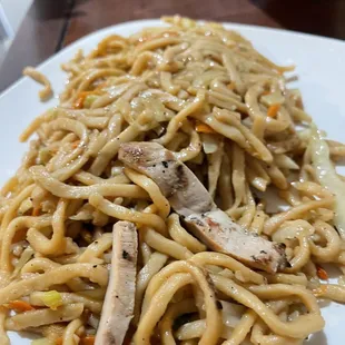 a plate of noodles with chicken