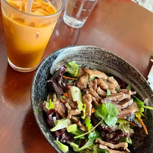 Lunch Special: BBQ Pork salad and Thai iced tea
